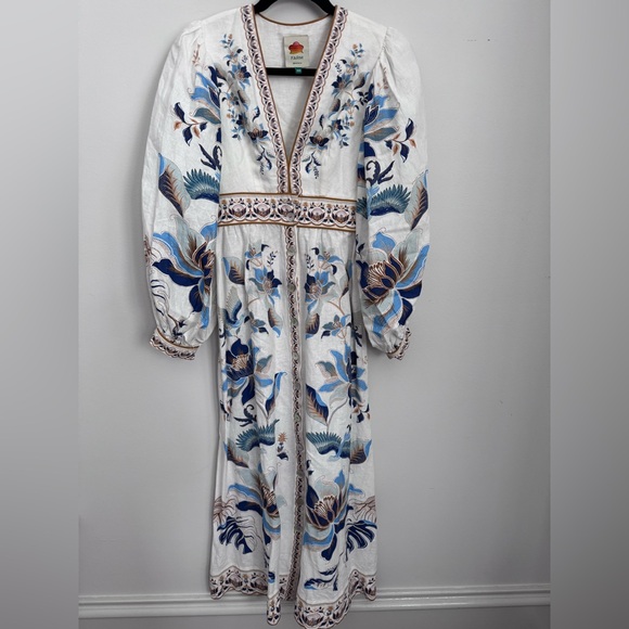 Farm Rio Mystic Blue Lotus Placed Print Long Sleeve Linen Blend Maxi Dress - Picture 10 of 16